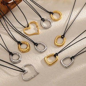 Retro wax rope long necklace set with stainless steel heart and hollow pendants