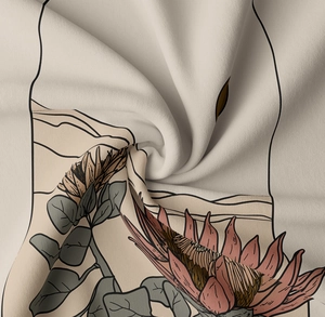 Detailed view of the soft Morandi-toned floral print fabric with botanical patterns