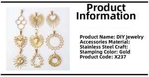 Detailed macro view of 9 unique gold-plated stainless steel sun and heart DIY charms