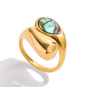 Detail view of 18K gold-plated stainless steel ring with colorful abalone shell inlay