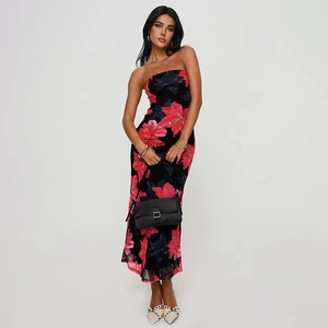 Detail shot of vintage floral print and strapless neckline on a slim fit maxi dress
