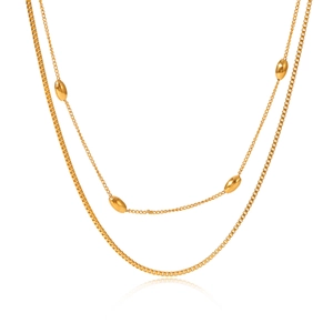 Detail view of 18K gold plated double layer necklace with box and oval bead chain styles