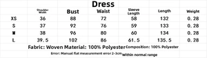 Size chart for women's pleated midi dress with measurements for XS to L in centimeters