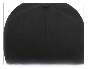 Detailed top view of black baseball cap showing precise stitching and crown button