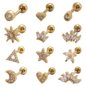 Set de 12 pendientes de cartílago de acero dorado con circón en varias formas geométricas
