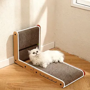 L-shaped wooden cat scratching board with high density corrugated paper in a modern home