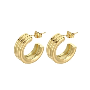 French style gold-plated C-shape ribbed chunky stud earrings with polished texture