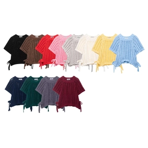 Women Hollow Out Short Sleeve Knitted Sweater Polyester Crochet Top Side Lace Up Bow Round Neck Casual Sweet