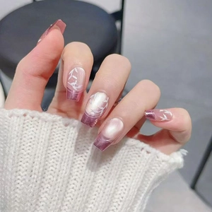 French Style Purple Press On Nails With Glue Short Ballet Fake Nails White Leaf Pattern Elegant For Women Daily Fashion Manicure
