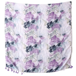 Bohemian watercolor ink pattern silk shawl scarf with purple tassels on white background