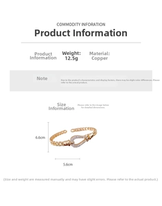 Detailed specification of 18K gold plated copper hollow cuff with horseshoe design and crystals