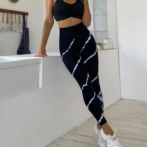 Women's high waist yoga leggings with black and white tie-dye pattern and slim fit design