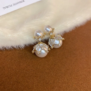 Macro view of double-sided pearl earrings with gold mesh and zircon inlay detail