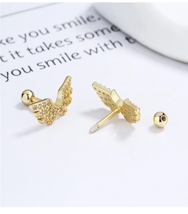 Detail view of gold wing screw-back stud earrings with crystals and threaded post components