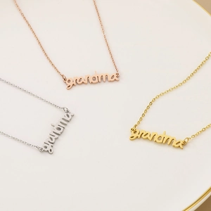 Set of three stainless steel Grandma pendant necklaces in gold, silver, and rose gold