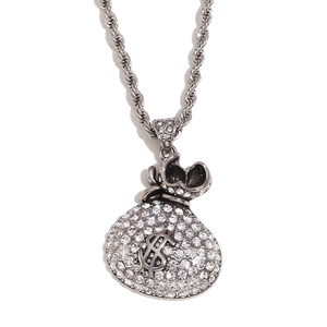 Silver stainless steel money bag pendant with rhinestones and twist chain necklace