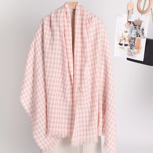 Écharpe pied-de-poule rose et blanc femme, chaud franges cachemire hiver carreaux châle