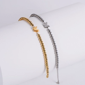 Minimalist double-layered beaded butterfly bracelets in gold and silver steel