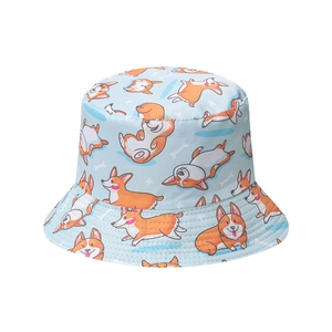 Light blue bucket hat featuring all-over Corgi dog prints and white bone patterns