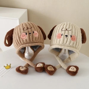 Cute puppy earflap knit hats for kids with plush ears and decorative paw chin straps