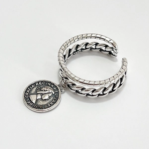 Minimalist S925 sterling silver chain ring with vintage Elizabeth II coin pendant