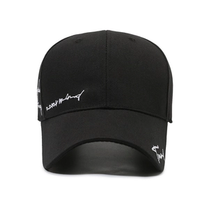 Classic black cotton baseball cap with white cursive embroidery for casual outdoor wear