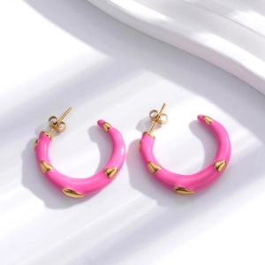 Pink enamel and gold C-shaped heart stud earrings in bohemian stainless steel style