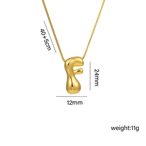 Detail of 18k gold bubble letter F pendant with precise size and weight measurements