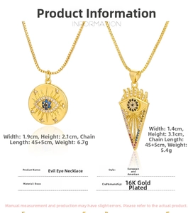 Detailed specs of 16K gold plated brass Evil Eye pendant necklaces in two unique shapes