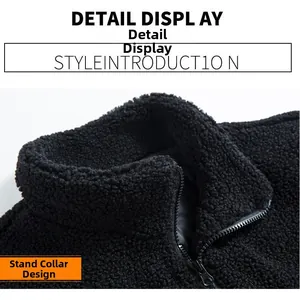 Detail view of the stand-up collar and black metal zipper on teddy fleece jacket