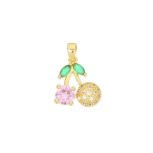 Exquisite 14k gold cherry pendant with pink gemstone and zircon butterfly details