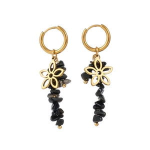 Boucles d'oreilles bohèmes en acier doré avec pendentifs fleur et pierres noires