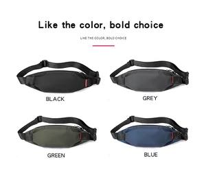 Mini waist bag displayed in four colors: black, grey, green, and navy blue with red tag