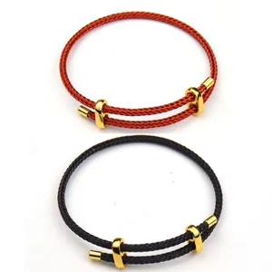 Minimalist adjustable red and black woven bracelets with elegant gold metal buckles