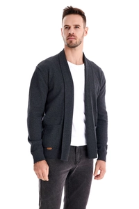 Detailed close-up of dark charcoal grey knit texture and side pocket on men cardigan