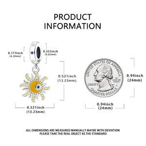 Detailed S925 silver sun charm dimensions with blue stone and coin for scale reference