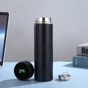 Black 304 stainless steel smart thermos with LED temperature display and tea infuser