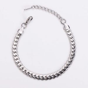 Detail view of silver stainless steel curb chain bracelet with lobster clasp and extender