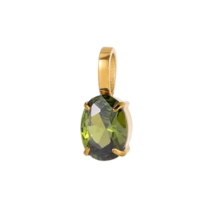 Detailed side view of a gold-plated teardrop pendant with a faceted olive green zircon