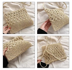 Detail showing hollow flower crochet patterns and woven shoulder strap on beige straw bag