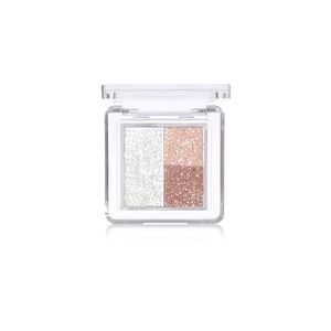 Palette di ombretti glitter rosa e argento in una scatola quadrata trasparente compatta
