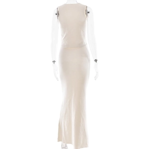 Back view of a chic cream knitted two-piece set with a sleeveless top and slim fit maxi skirt