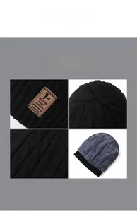 Close-up of thick fleece lining and leather logo patch on ribbed knit winter beanie