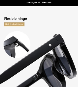 Detail of sunglasses featuring flexible metal hinges and high quality glossy black finish
