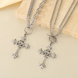 Double-layered stainless steel cross pendant necklace with OT buckle in silver finish