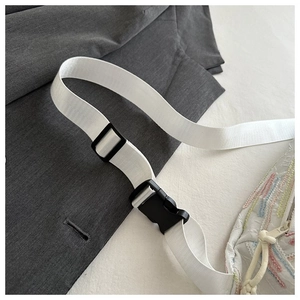 Close-up of durable white woven strap with black plastic buckle for cross-body bag