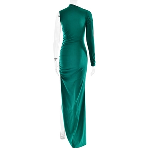 Back view of elegant dark green one-shoulder maxi dress with high side slit detail