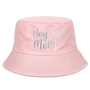 Pink cotton bucket hat with Boy Mom embroidery and heart motif on a white background