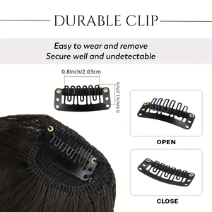 Close-up of durable metal wig clips with dimensions for secure and invisible hair attachment