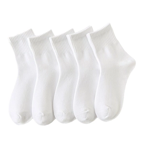 Set of 5 pairs of white mid-calf cotton sports socks for children in a minimalist layout